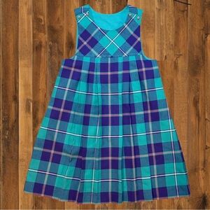 90s Plaid Schoolgirl Pinafore Dress • Teal & Purple Tartan • Size 7